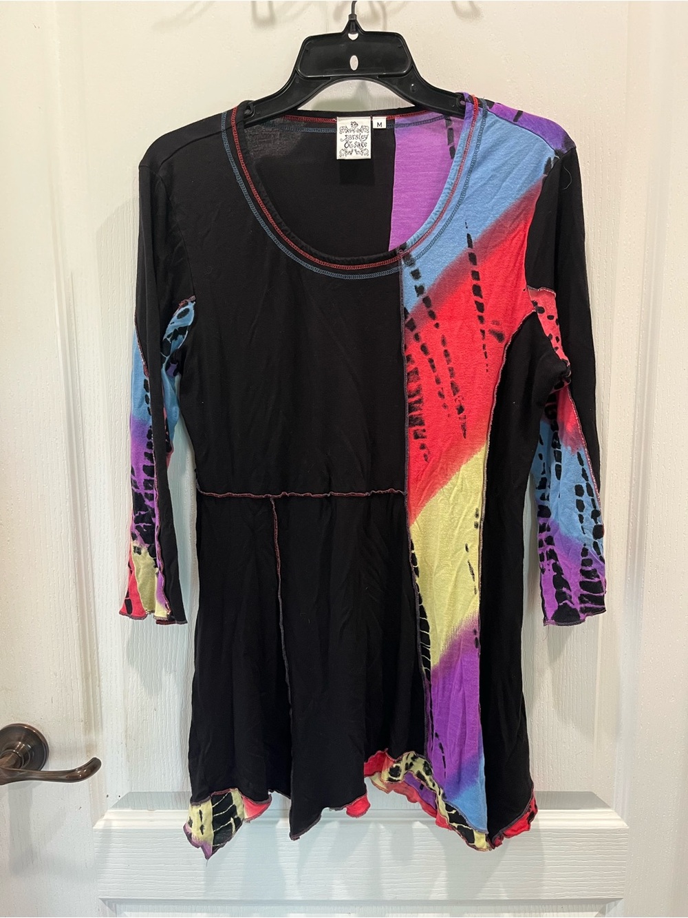 Parsley & Sage Black Tunic Tee with Multicolor Tie-Dye Panels